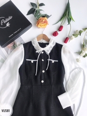 Váy cổ đức ren đính nơ, túi ngực