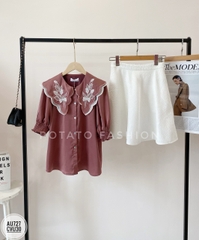 Áo sơ mi dáng suông, cổ tơ thêu hai lớp