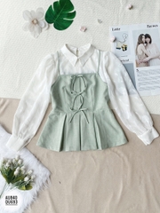 Áo hai dây dáng peplum đính nơ, phối sơ mi dài tay