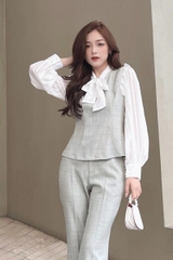Áo cổ nơ dáng eo tay phối