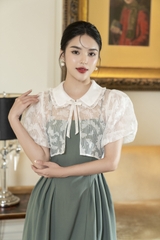 Sét váy hai dây xếp li & Áo croptop cổ sen tròn đính nơ