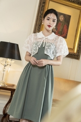 Sét váy hai dây xếp li & Áo croptop cổ sen tròn đính nơ