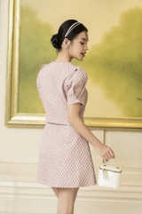Sét áo cổ tim cài cúc dáng croptop tay bồng & chân váy chữ A