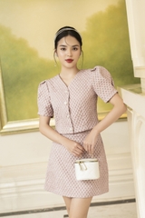 Sét áo cổ tim cài cúc dáng croptop tay bồng & chân váy chữ A