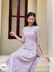Áo dài cổ tròn tay bồng dáng eo