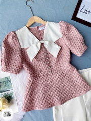 Áo cổ nơ phối tay bồng dáng peplum