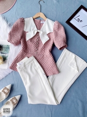 Áo cổ nơ phối tay bồng dáng peplum