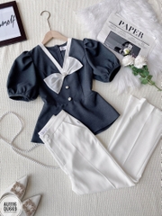 Áo cổ tim nơ ngực dáng peplum
