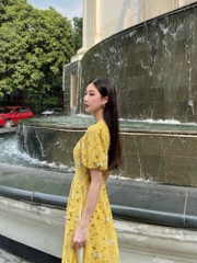 Áo dài cổ tròn đính cúc lệch, tay giật lót