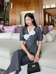 Áo cổ tim nơ ngực dáng peplum