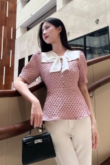 Áo cổ nơ phối tay bồng dáng peplum