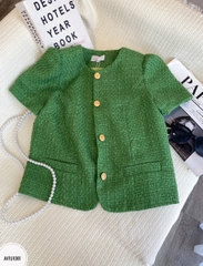 Áo tweed cổ tròn cài cúc vạt tròn tay bồng