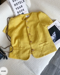 Áo tweed cổ tròn cài cúc vạt tròn tay bồng