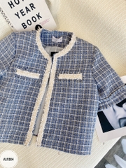 Áo tweed cổ tròn dáng suông ngắn rút rua cài cúc