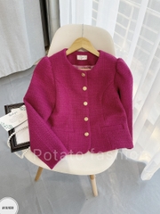 Áo tweed cổ tròn cài cúc vạt tròn tay bồng