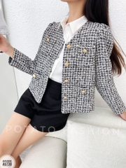 Áo tweed cổ tim cài cúc tay bồng túi ốp