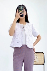 Áo tweed cổ tròn nẹp rút rua, túi ngực
