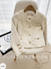 Áo tweed cổ tròn cài cúc túi cơi thân bổ mảnh