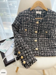Áo tweed cổ tròn nẹp rút rua, nắp túi trước
