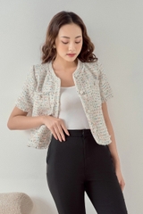Áo tweed cổ tròn nẹp rút rua, túi ngực