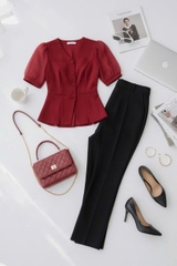 Áo sơ mi cổ tim tay phối tơ