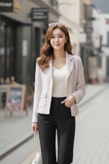 Áo tweed cổ K dáng lửng