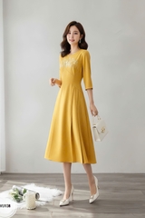 Váy cổ tròn can cúp ngực tay bồng
