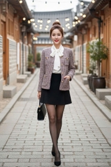 Áo tweed cổ tim cài cúc tay bồng túi ốp