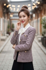 Áo tweed cổ tim cài cúc tay bồng túi ốp