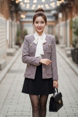 Áo tweed cổ tim cài cúc tay bồng túi ốp