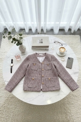 Áo tweed cổ tim cài cúc tay bồng túi ốp