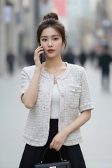 Áo tweed cổ tròn nẹp rút rua, túi ngực