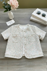 Áo tweed cổ tròn nẹp rút rua, túi ngực