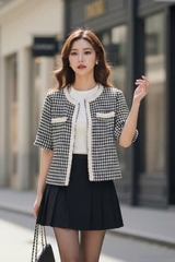 Áo tweed cổ tròn dáng suông ngắn rút rua cài cúc