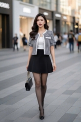 Áo tweed cổ tròn dáng suông ngắn rút rua cài cúc