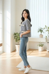 Áo tweed cổ tròn dáng suông ngắn rút rua cài cúc