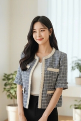 Áo tweed cổ tròn dáng suông ngắn rút rua cài cúc