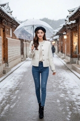 Áo dạ Tweed cổ tròn túi sườn