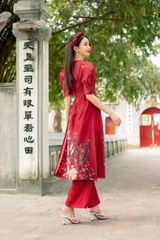 Sét áo dài tay bồng in hình cô gái quàng khăn vải tơ