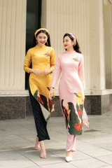 Sét áo dài in hình cô gái và hoa tuy líp vải gấm