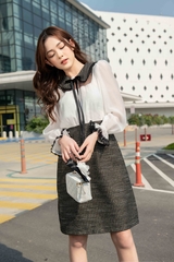Váy cổ tròn lá cổ phối kẹp ren đính nơ