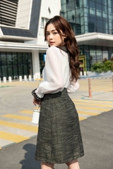 Váy cổ tròn lá cổ phối kẹp ren đính nơ