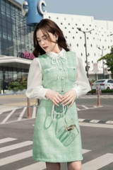 Váy cổ đức ren đính nơ, túi ngực