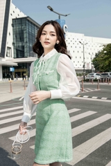 Váy cổ đức ren đính nơ, túi ngực