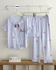 Đồ Ngủ Số 29-C Nơ Đỏ Thêu Mèo 3 Món