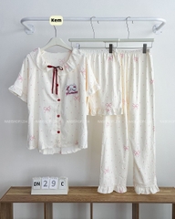 Đồ Ngủ Số 29-C Nơ Đỏ Thêu Mèo 3 Món