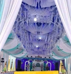 Trần sao hoa mây sợi kim tuyến nền xanh (có đèn nháy)