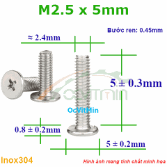Ốc Bake Đầu Dẹp Mỏng M2.5x5mm Inox304 - Oc PaKe Dau Dep Mong