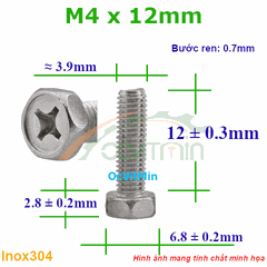 Ốc Bake Đầu Lục Giác Ngoài M4x12mm Inox304 - Oc PaKe Dau Luc Giac Ngoai