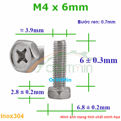 Ốc Bake Đầu Lục Giác Ngoài M4x6mm Inox304 - Oc PaKe Dau Luc Giac Ngoai